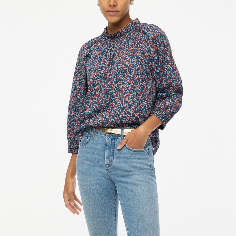 J. Crew smocked-neck top blue‎ burgundy teal floral print size XS
